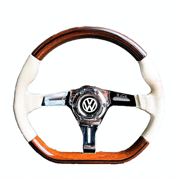 SCUMAXCON Retro Walnut Beige Leather Steering Wheel 14 Inch Fits Volkswagen Beetle